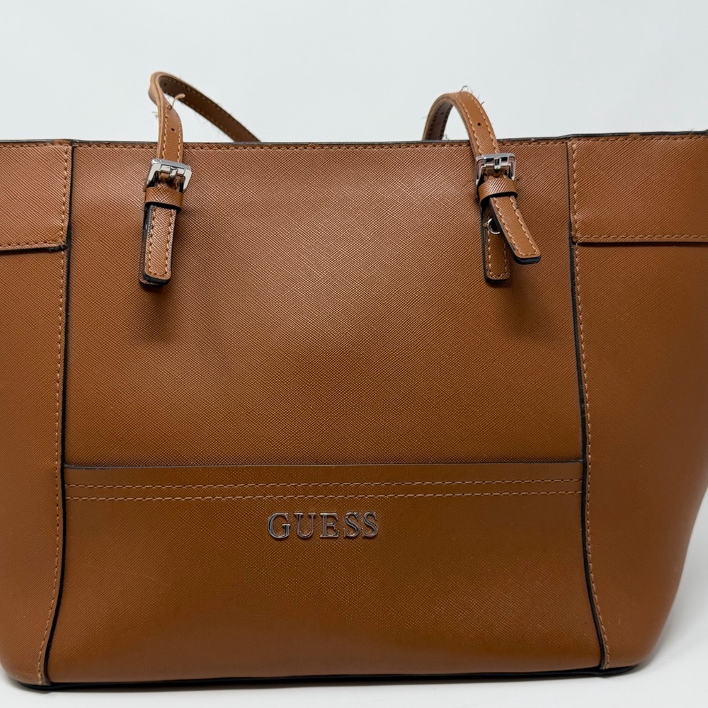 GUESS Brown Tote Bag Silver Hardware Zip Closure Double Handles Logo Accent